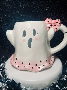 Halloween Pink & Black Polka Dot Ghost Ceramic Mug Hair Bow Cute Skirt Girl
